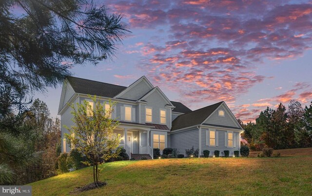 back house at dusk with a yard