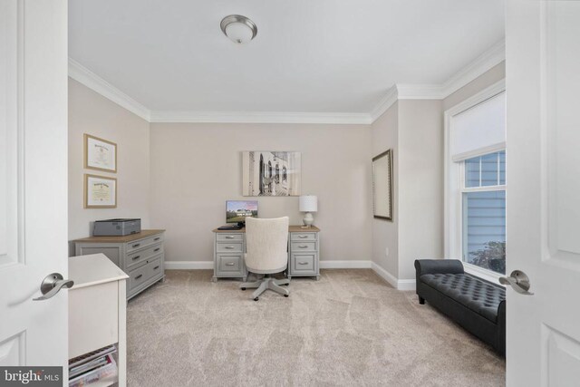 office space with crown molding and light colored carpet