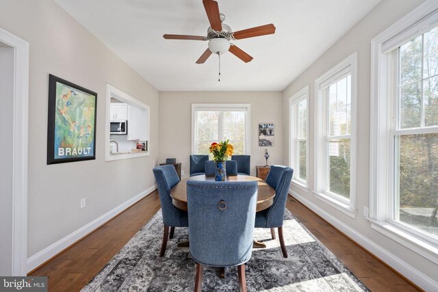 dining space with ceiling fan and dark hardwood / wood-style floors