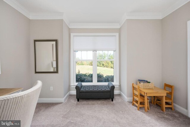 sitting room with crown molding and light colored carpet