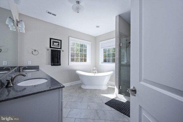 bathroom with vanity and separate shower and tub