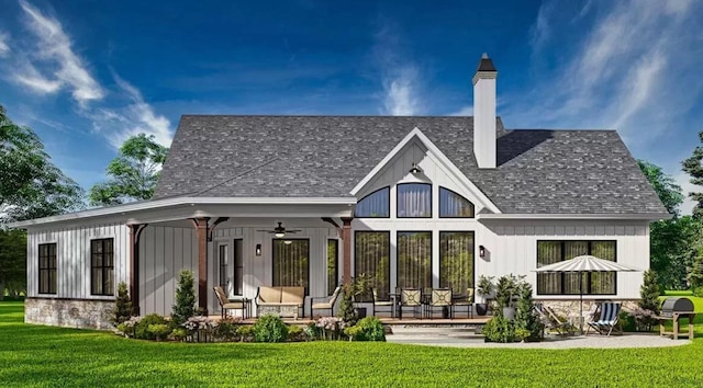 back of property featuring a patio, a yard, and ceiling fan