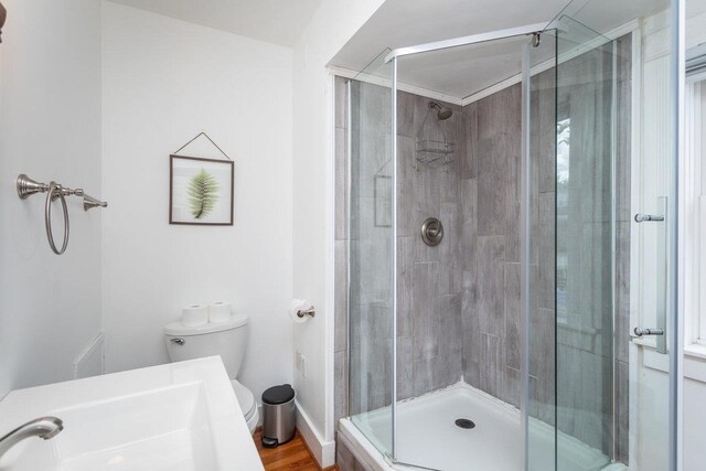 bathroom featuring toilet, sink, and a shower with shower door