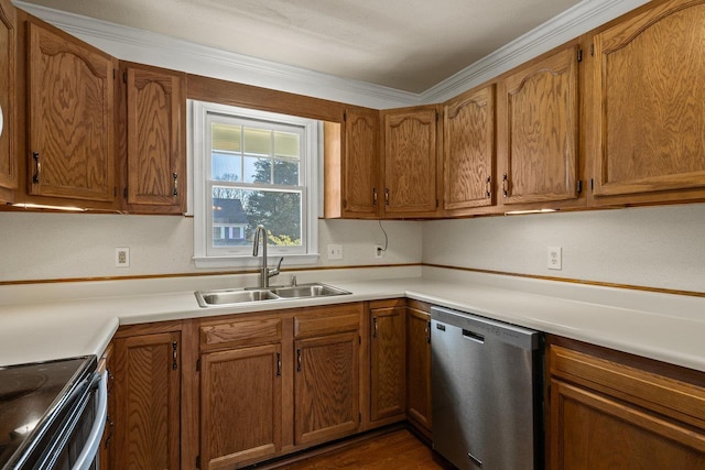 kitchen featuring crown molding, light countertops, stainless steel dishwasher, brown cabinetry, and a sink