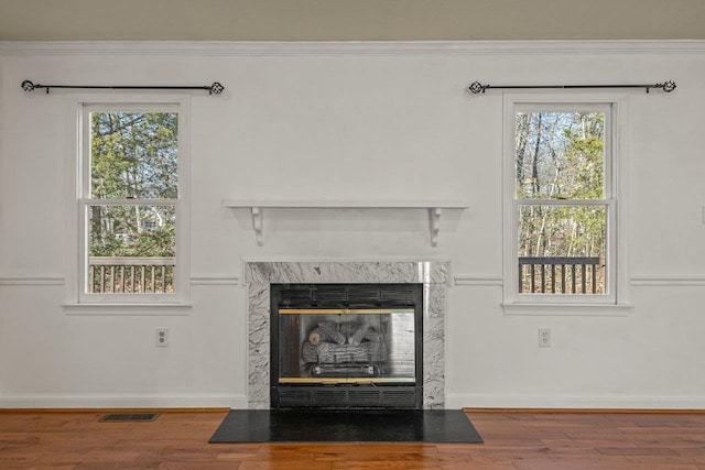 room details with wood finished floors, a high end fireplace, and ornamental molding