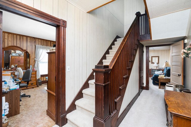 stairs with crown molding, wooden walls, and carpet