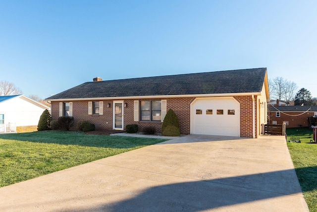 ranch-style home featuring brick siding, concrete driveway, a chimney, an attached garage, and a front yard