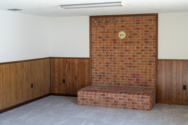 interior space with light carpet, a textured ceiling, and wood walls