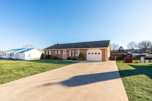 single story home featuring a garage, brick siding, concrete driveway, a front lawn, and a chimney