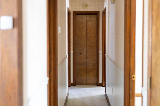 corridor featuring light colored carpet