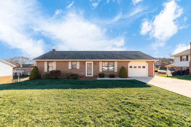 ranch-style house with driveway, an attached garage, a front lawn, and brick siding