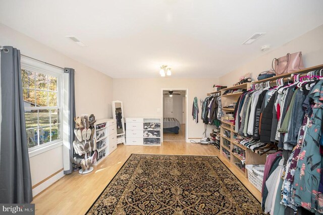 walk in closet with ceiling fan and light hardwood / wood-style floors