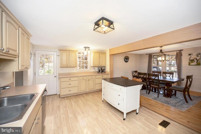 kitchen featuring sink, wood walls, stainless steel dishwasher, pendant lighting, and light hardwood / wood-style floors