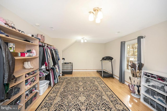 spacious closet with light hardwood / wood-style flooring