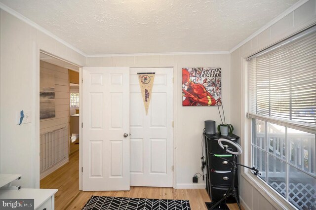 office space with a textured ceiling, light wood finished floors, and ornamental molding