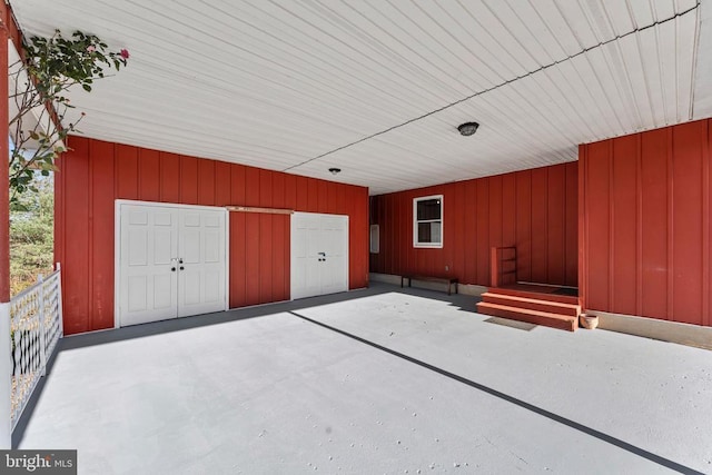 view of patio with a garage