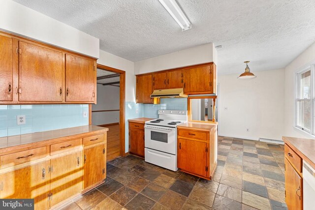 kitchen with a baseboard heating unit, white range with electric stovetop, decorative backsplash, a textured ceiling, and decorative light fixtures