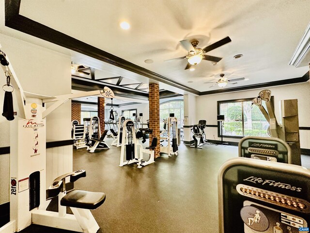 workout area featuring crown molding, ceiling fan, and decorative columns