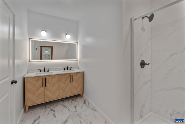 bathroom featuring vanity and tiled shower