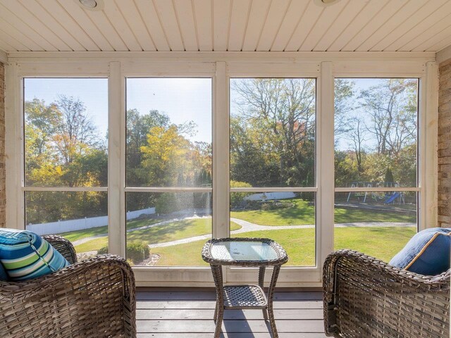 sunroom / solarium featuring a water view and wood ceiling