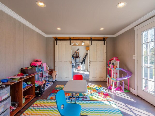 playroom with crown molding and a barn door