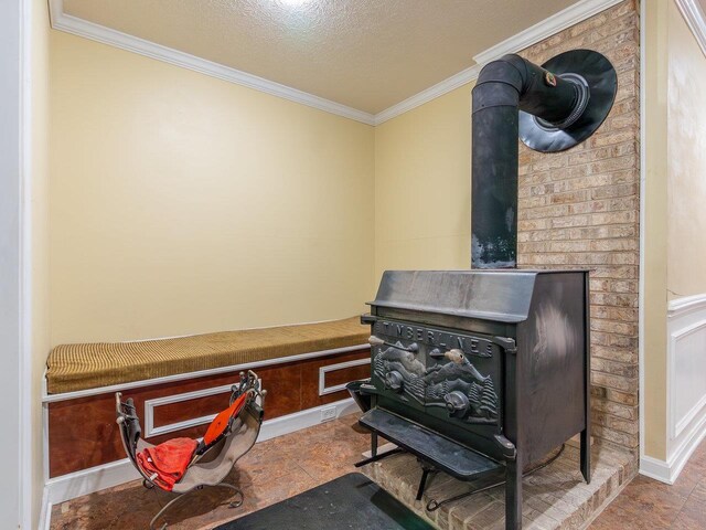 details featuring crown molding, a textured ceiling, and a wood stove