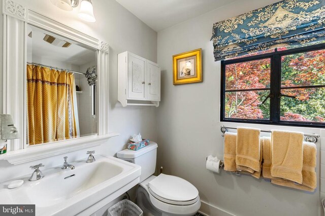 full bath featuring a sink, toilet, and a shower with shower curtain
