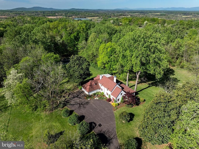 aerial view featuring a wooded view