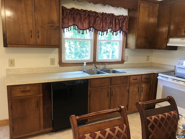 kitchen with white electric range oven, dishwasher, and sink