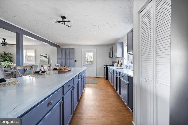 kitchen with appliances with stainless steel finishes, sink, a wealth of natural light, and light hardwood / wood-style floors