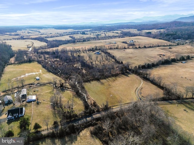 aerial view featuring a mountain view and a rural view