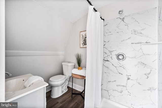 bathroom featuring lofted ceiling, wood-type flooring, toilet, and shower / bathtub combination with curtain