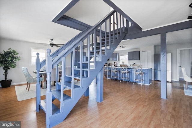 staircase with hardwood / wood-style flooring and ceiling fan