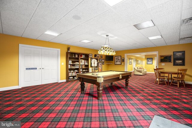 game room with billiards and carpet floors