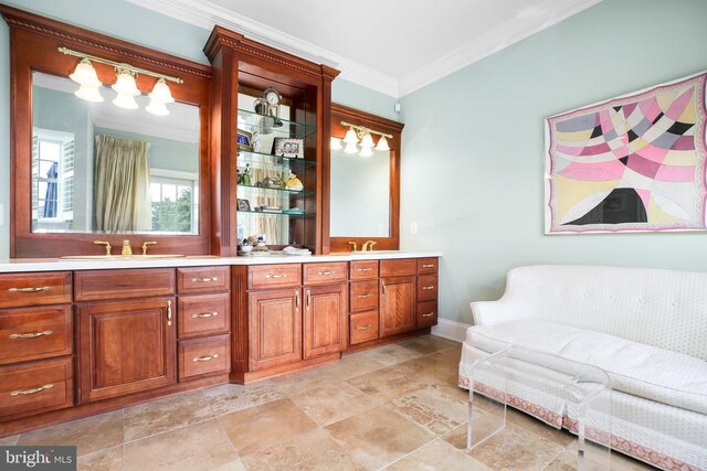 bathroom with ornamental molding and vanity