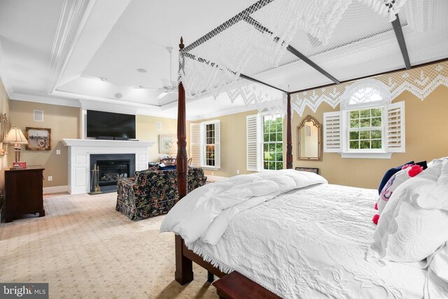 carpeted bedroom with ornamental molding and a raised ceiling