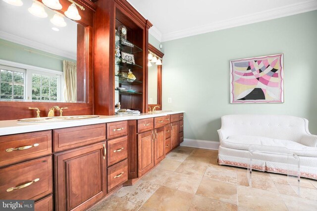 bathroom featuring vanity and ornamental molding