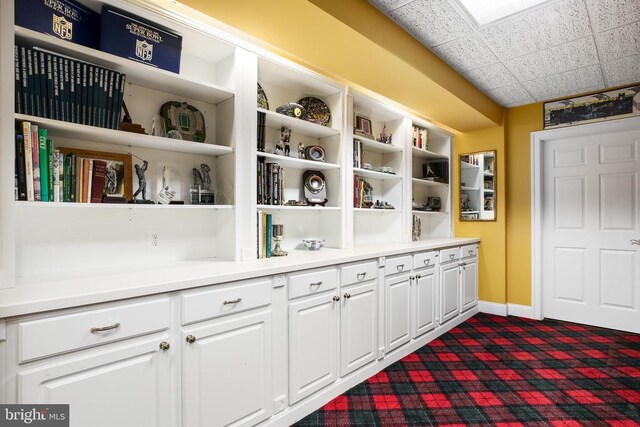 interior space featuring a drop ceiling and carpet flooring