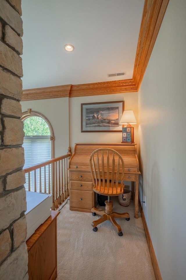 carpeted office featuring ornamental molding