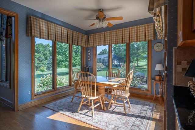 dining room featuring ceiling fan, plenty of natural light, and wood-type flooring