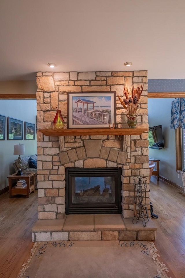 interior details featuring a stone fireplace and hardwood / wood-style flooring