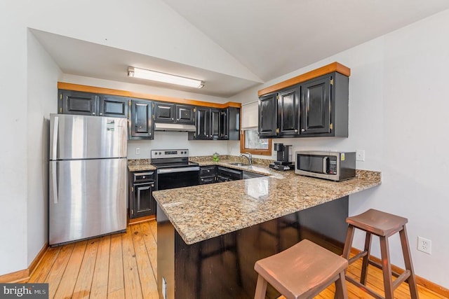 kitchen with lofted ceiling, sink, appliances with stainless steel finishes, light stone countertops, and light hardwood / wood-style floors