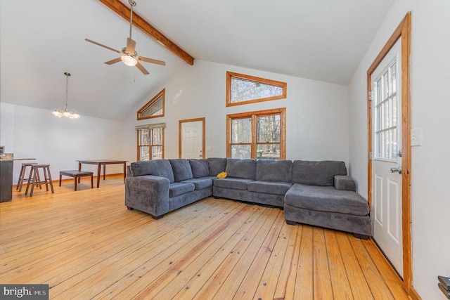 living room featuring beam ceiling, a wealth of natural light, high vaulted ceiling, and light wood-type flooring