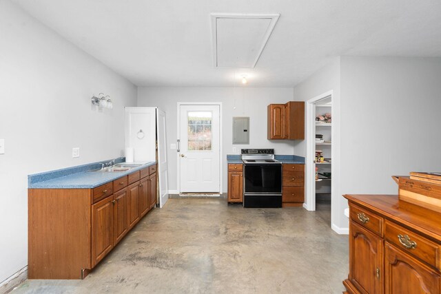 kitchen with range with electric stovetop, sink, and electric panel