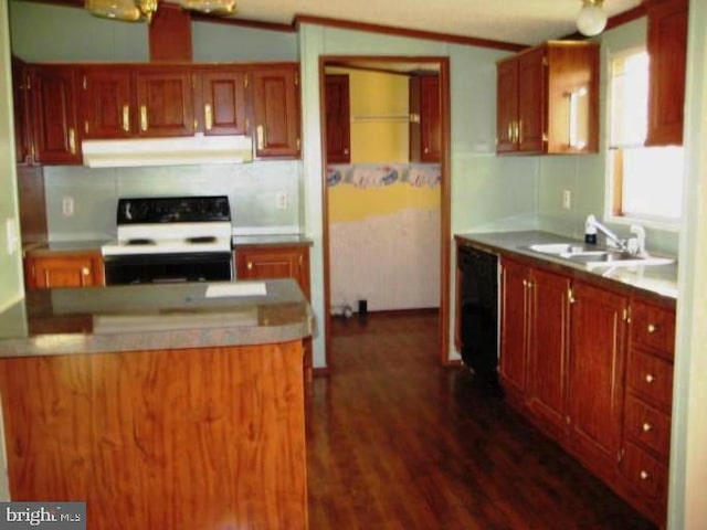 kitchen featuring under cabinet range hood, a sink, dark wood-style floors, black dishwasher, and electric range oven