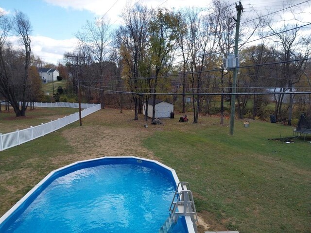 view of swimming pool featuring a yard and a shed