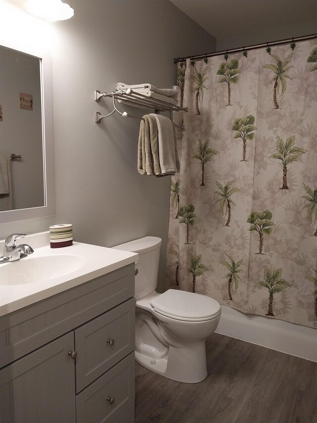 bathroom with vanity, hardwood / wood-style flooring, and toilet