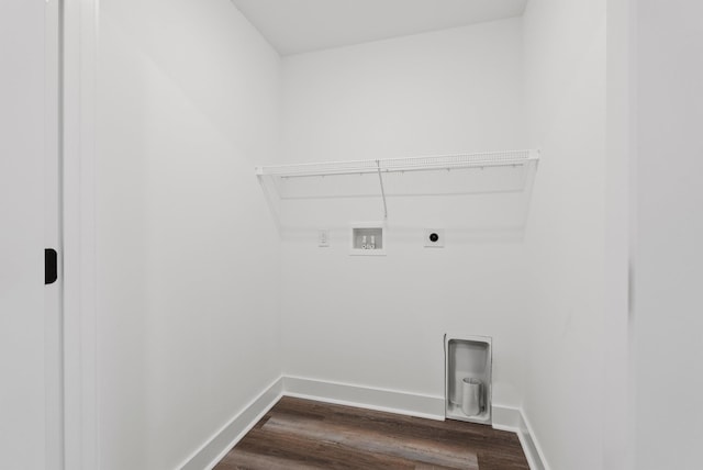 clothes washing area featuring dark wood-style flooring, washer hookup, laundry area, baseboards, and electric dryer hookup