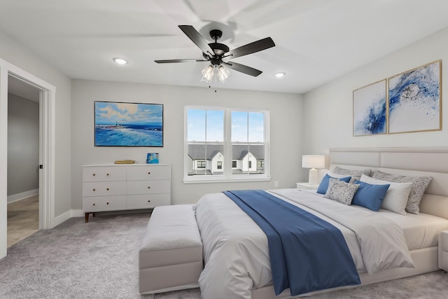 bedroom with carpet floors, a ceiling fan, baseboards, and recessed lighting