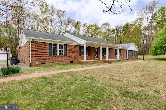 ranch-style house with crawl space, central air condition unit, a front yard, and brick siding